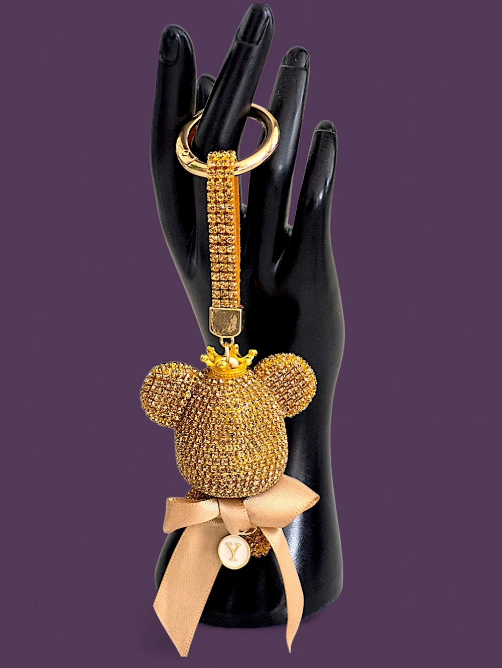 Gold Crystal Teddy Bear Bag Charm / Keychain with Crown & Bow